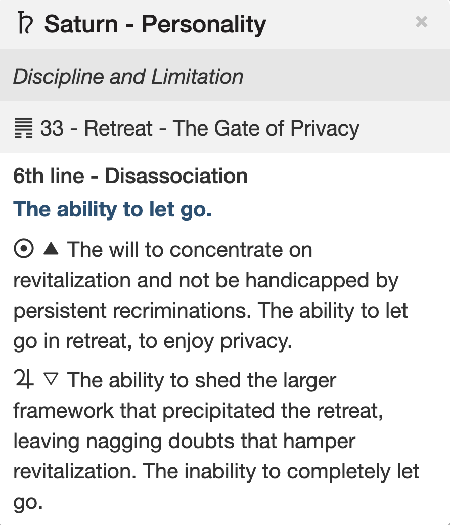 Saturn Personality: Discipline and Limitation. Gate 33, Retreat, the Gate of Privacy, 6th line, Disassociation: the ability to let go