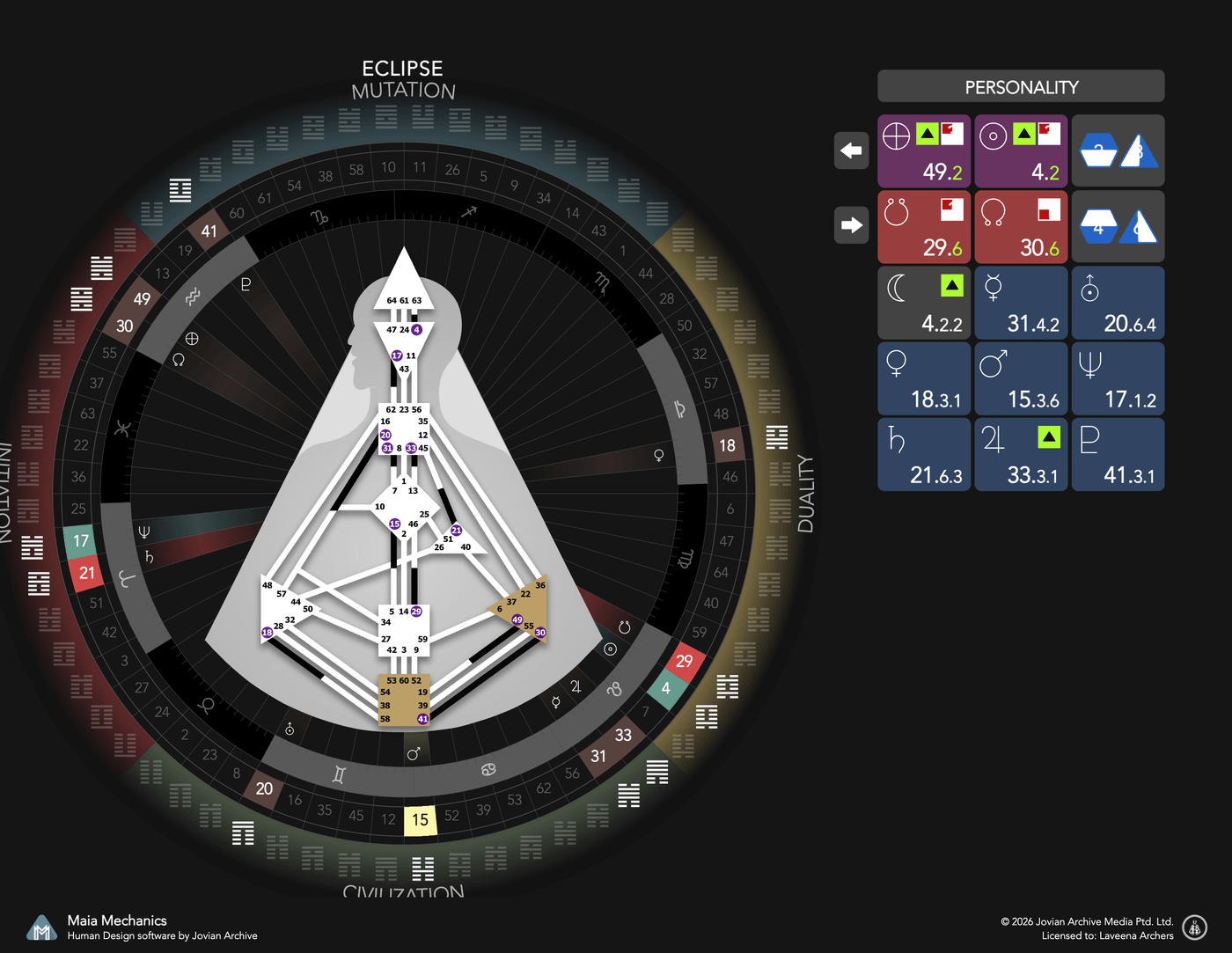 Human Design transit chart for the August 12, 2026 total solar eclipse, showing the Personality Sun in Gate 4 Line 2 and the Earth in Gate 49 Line 2, with the South Node in Gate 30.6 and North Node in Gate 29.6