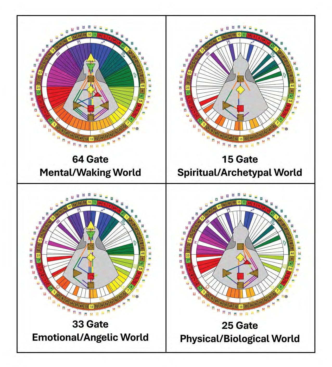The Four Worlds bodygraphs side by side, showing the Mental Waking World with a 64 gate signature, the Spiritual Archetypal World with 15, the Emotional Angelic World with 33, and the Physical Biological World with 25